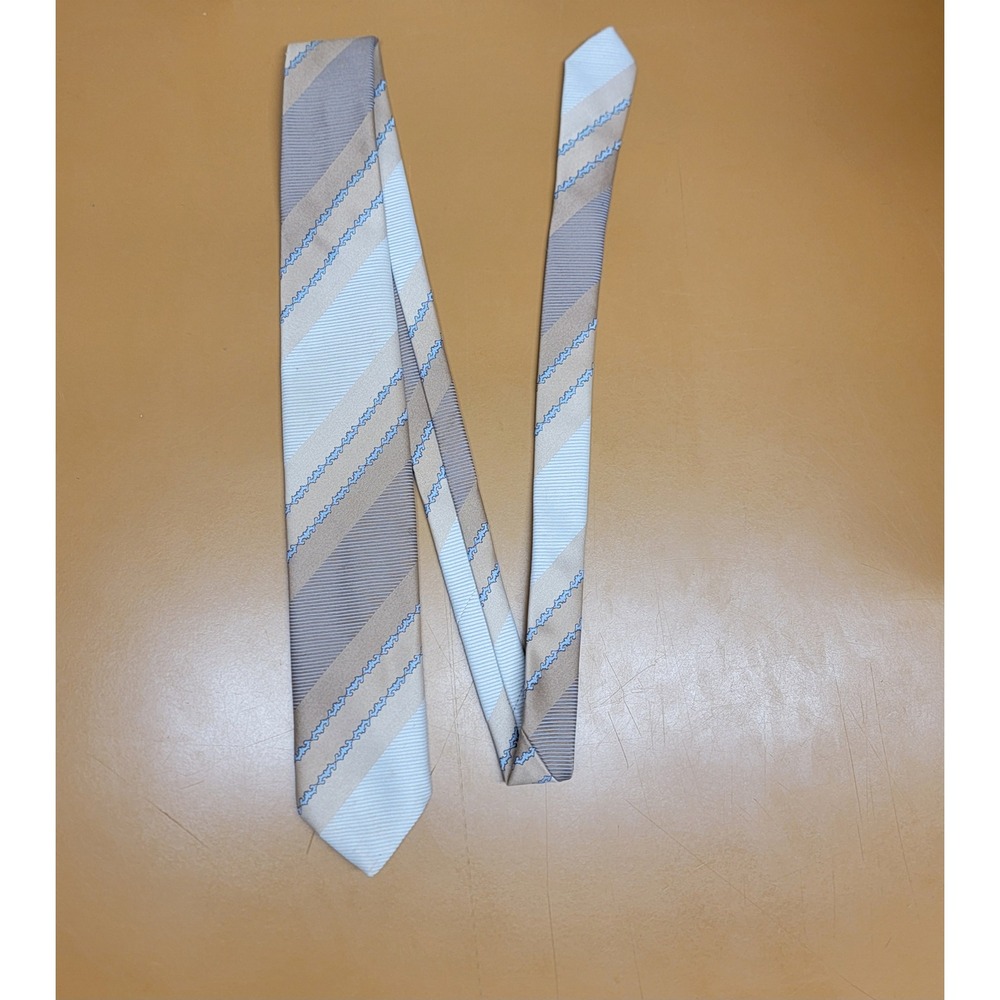 John Henric Mens Store Striped Silk Blend Tie Beige Blue